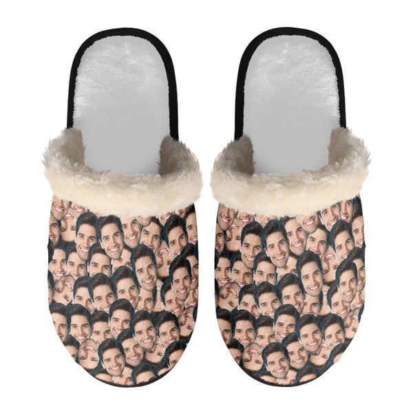 Personalized Fuzzy Slippers for Women and Men Custom Seamless Face Chriatmas Hat Non-Slip Slippers Warm House Shoes