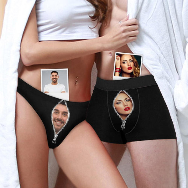 Custom Face Black Zip Boxer Briefs For Couple Valentine's Day Gift