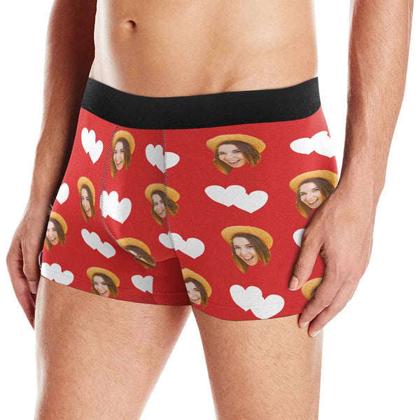 Personalized Underwear Custom Face Love Heart Red Boxer Briefs For Couple Valentine's Day Gift
