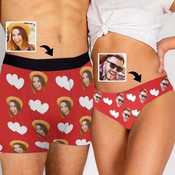 Custom Face Couple Matching Briefs Heart Underwear